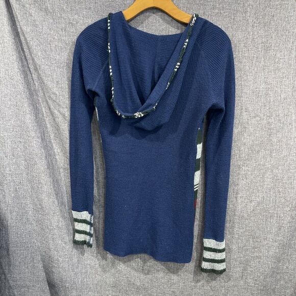Free People Medium Waffle Knit Hoodie Top Sweater Wool Blend Blue Boho Beachy - Picture 6 of 11
